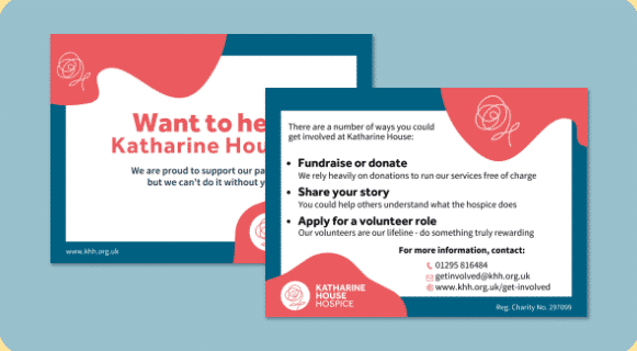 Screenshot 2025-02-07 161526 Flyer for Katharine House Hospice, detailing ways to help by fundraising, sharing stories, or volunteering.