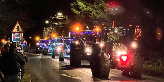 Tractor Run sponsorship Brightly lit tractors decorated with Christmas lights during the annual Banbury Christmas Tractor Run fundraising money for Katharine House Hospice.