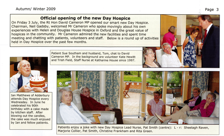 Newspaper cutting of the official opening of the new Day Hospice, featuring speeches and activities with patients, volunteers and staff.