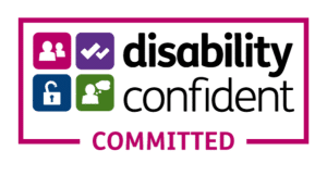 Disability Confident Committed logo with icons of people, checkmark, unlocked padlock, and thought bubble.