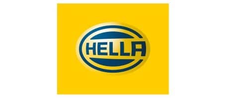 Hella logo with blue text inside a yellow oval on a yellow background.