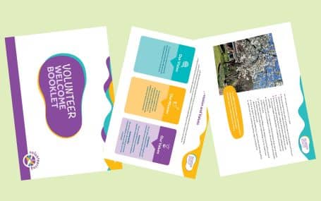 Three pages of a colorful Volunteer Welcome Booklet shown on a light green background.