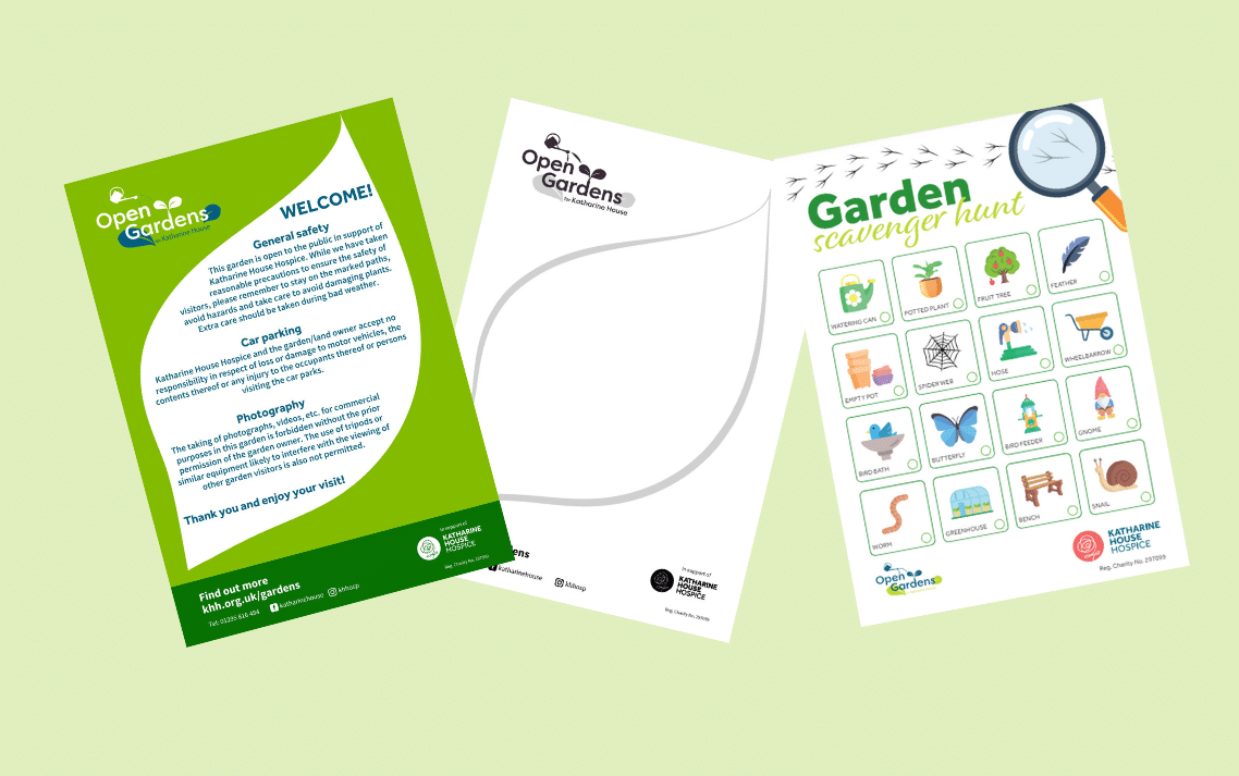 Fundraising-kits-Open-Gardens-1 Two posters for Open Gardens featuring the outline of a leaf and a Garden scavenger hunt sheet.