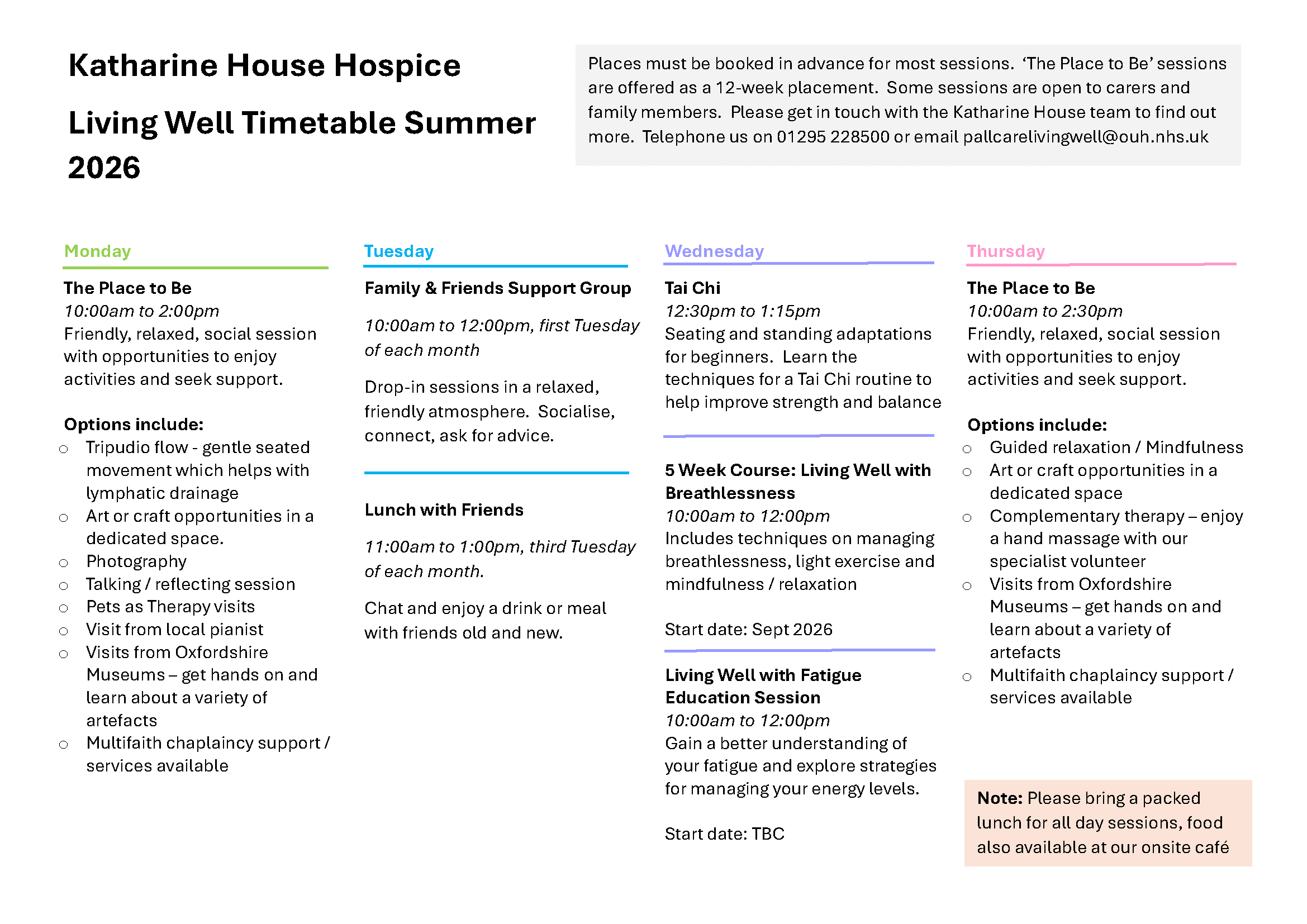 KHH Living Well Timetable Summer 2026